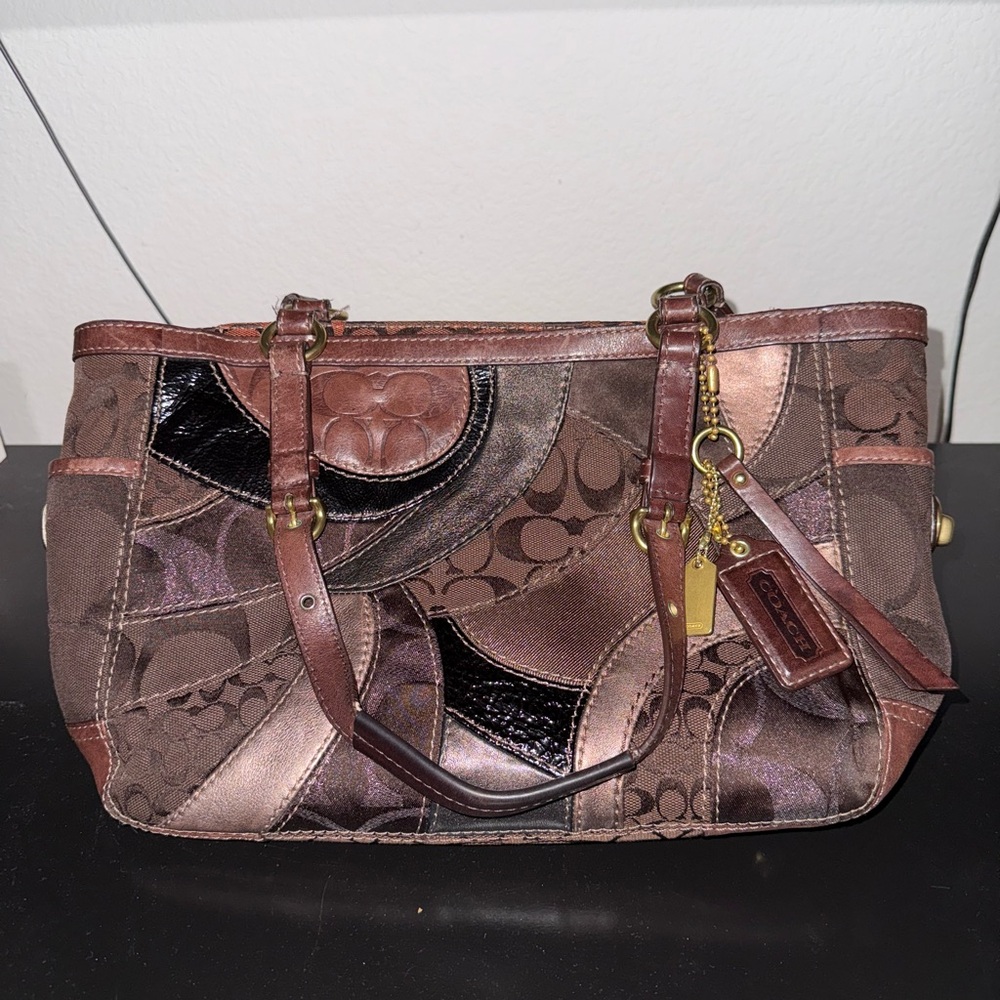 Coach Brown Metallic Patchwork Shoulder Tote - image 1